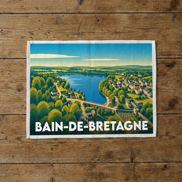 Torchon souvenir de la ville de Bain-de-Bretagne avec une illustration panoramique stylisée.