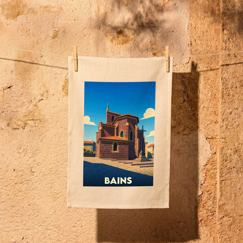 Torchon souvenir de la ville de Bains avec une illustration stylisée de son église.