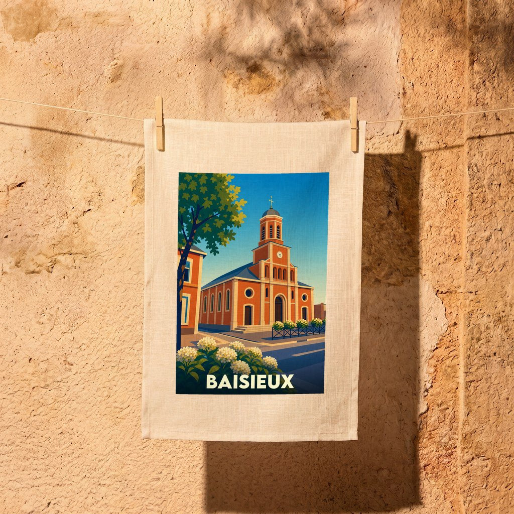 Torchon souvenir de la ville de Baisieux avec une illustration stylisée de son église.