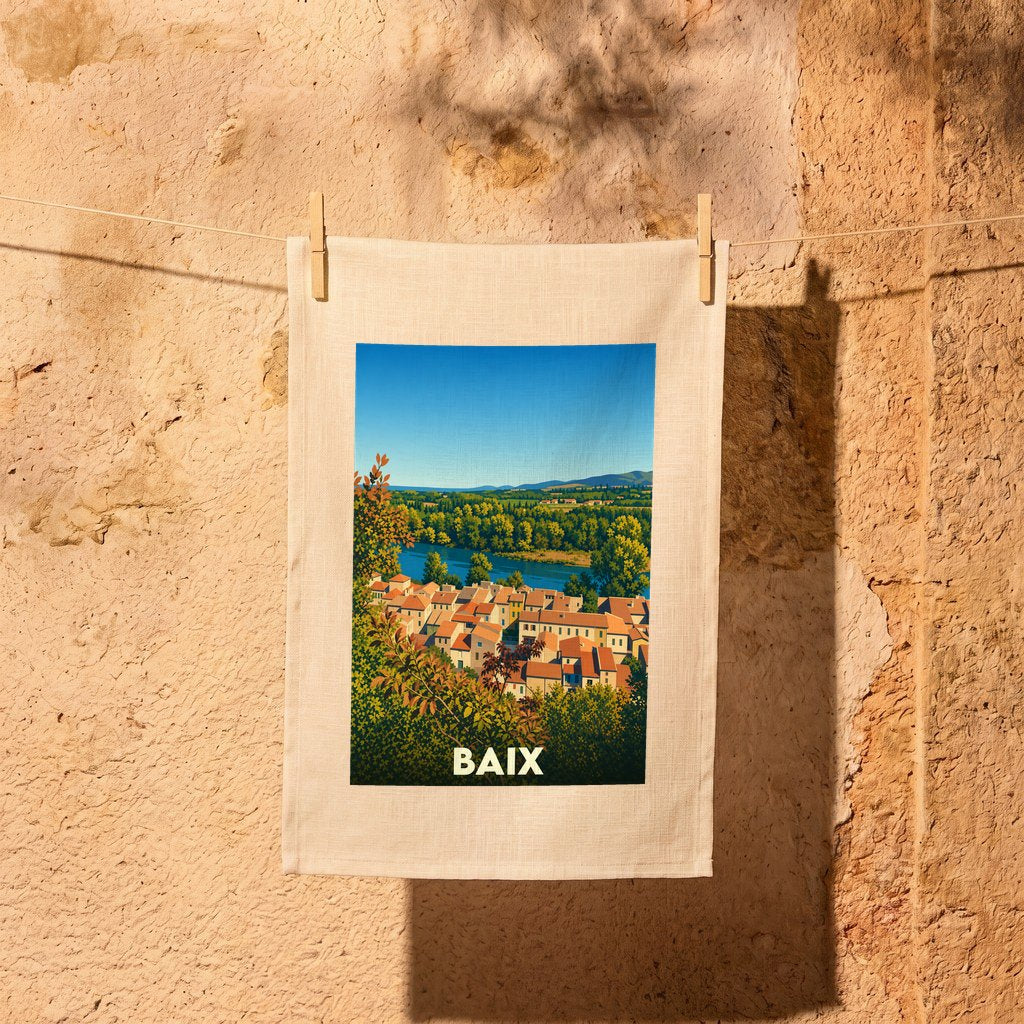 Torchon souvenir de la ville de Baix avec une illustration stylisée d'un paysage provençal.