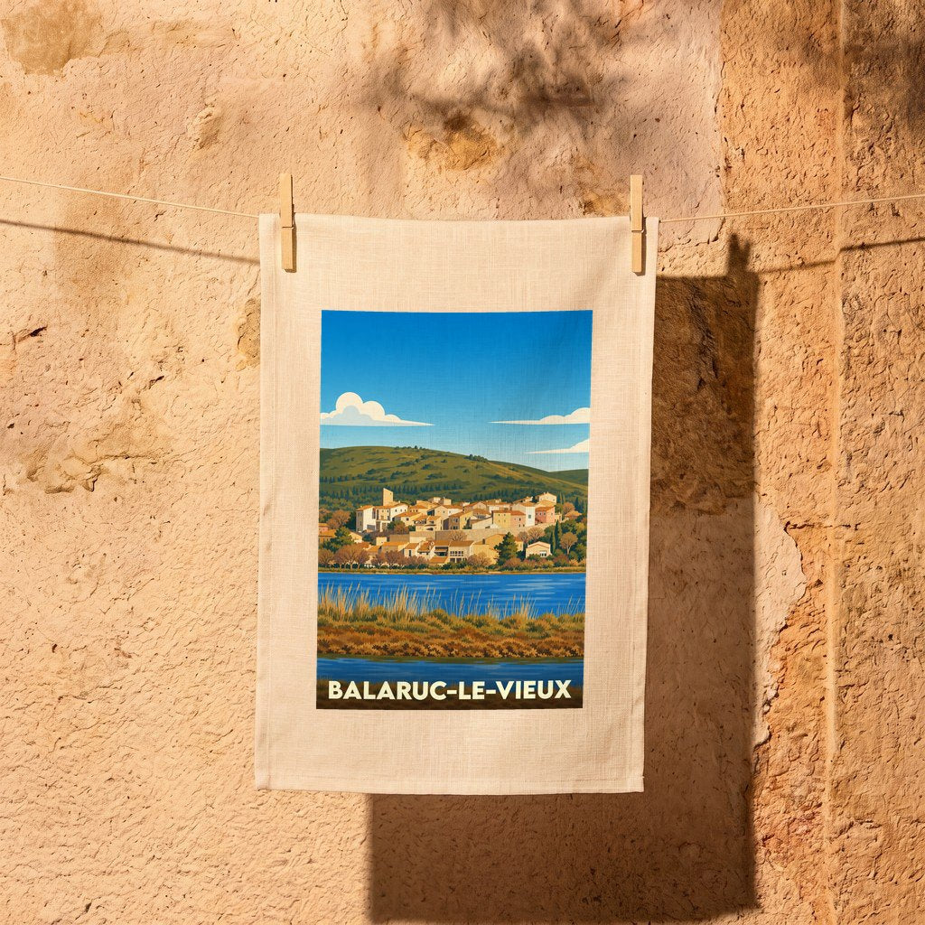 Torchon souvenir de la ville de Balaruc-le-Vieux avec une illustration stylisée.