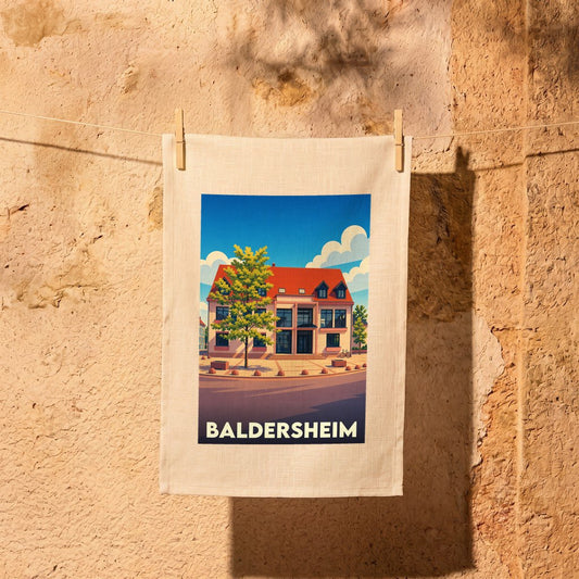 Torchon souvenir de la ville de Baldersheim avec une illustration stylisée de sa mairie.