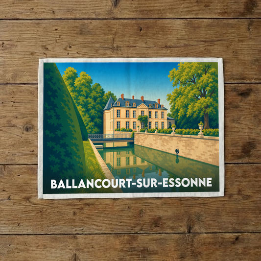 Torchon souvenir de la ville de Ballancourt-sur-Essonne avec une illustration stylisée de son château et ses douves.