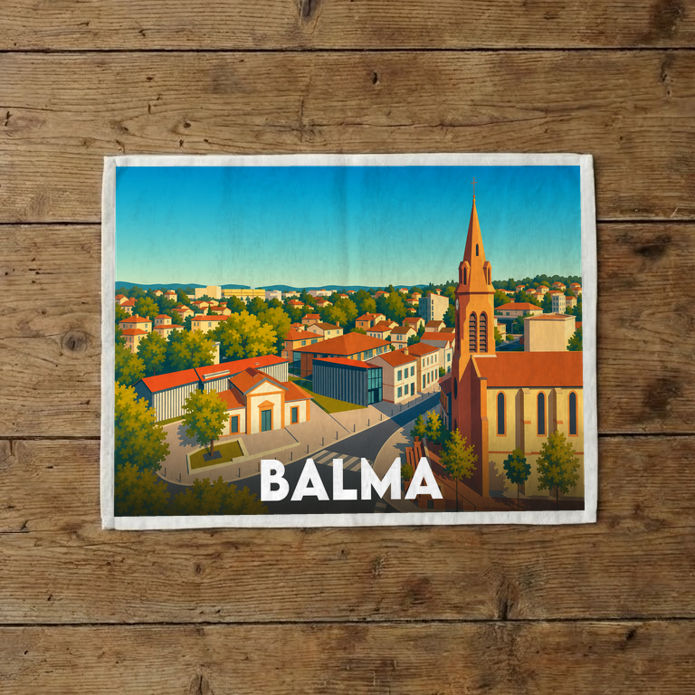 Torchon souvenir de la ville de Balma avec une illustration stylisée.