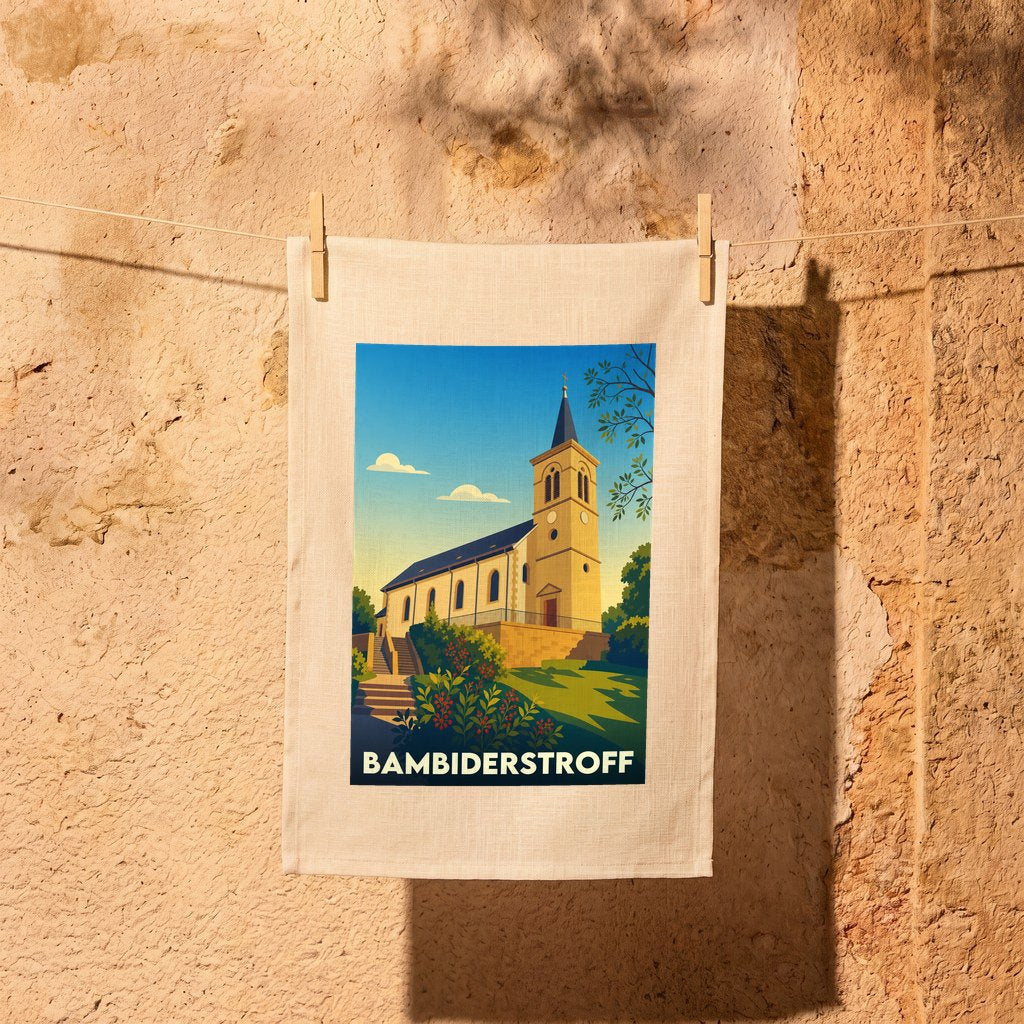 Torchon souvenir de la ville de Bambiderstroff avec une illustration stylisée de son église.