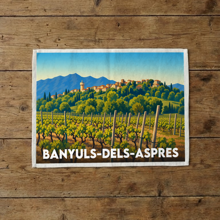 Torchon souvenir de Banyuls-dels-Aspres avec une illustration stylisée de ses vignobles et de son village.