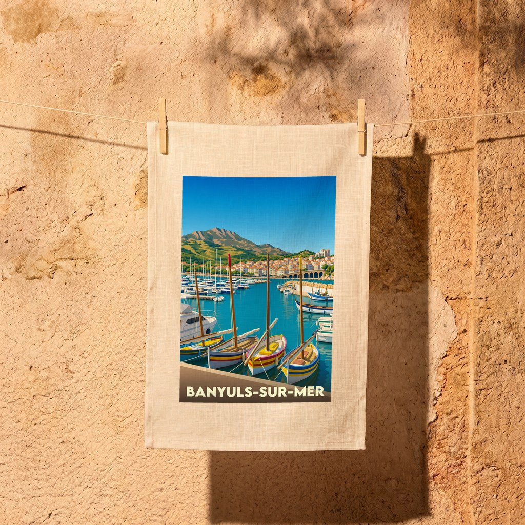 Torchon souvenir de la ville de Banyuls-sur-Mer avec une illustration stylisée de son port et de ses barques colorées.