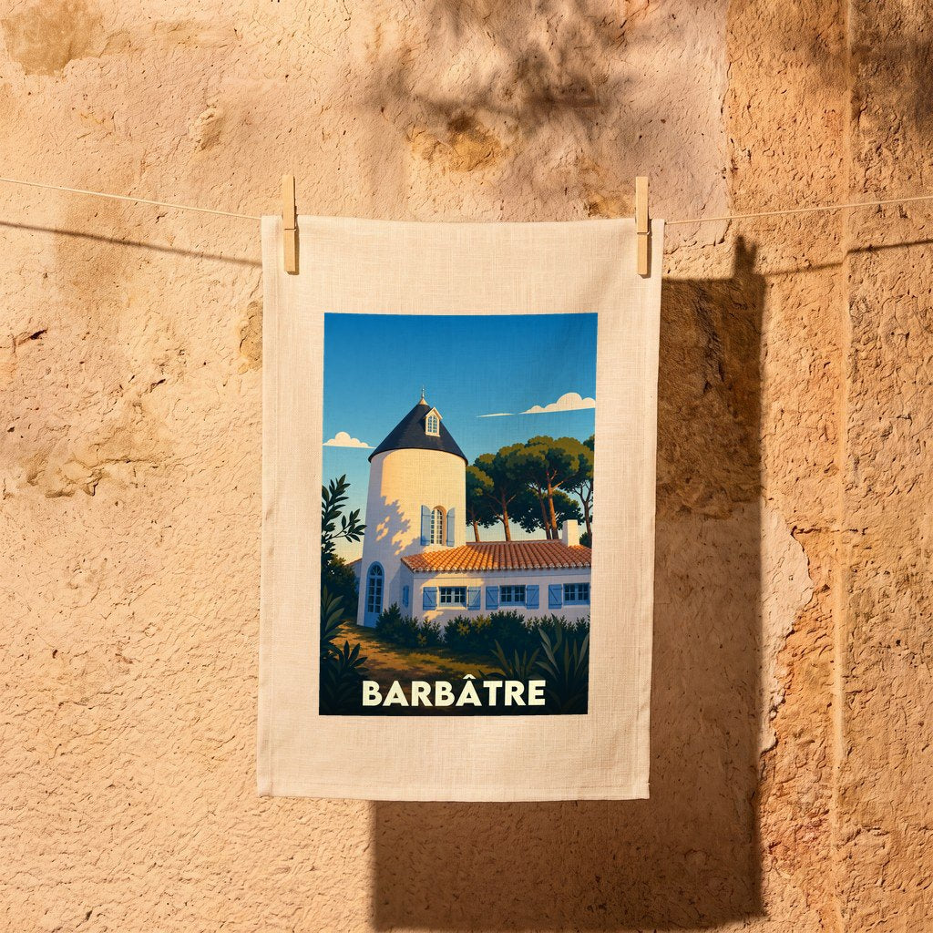 Torchon souvenir de la ville de Barbâtre avec une illustration stylisée d'un moulin blanc.