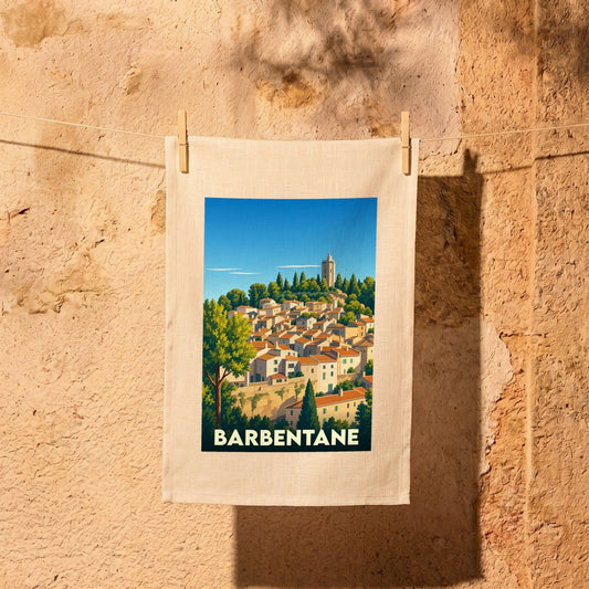 Torchon souvenir de la ville de Barbentane orné d'une illustration stylisée du village provençal.