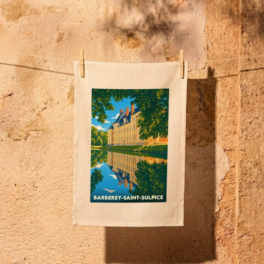 Torchon souvenir de la ville de Barberey-Saint-Sulpice avec une illustration stylisée de son château se reflétant dans l'eau.