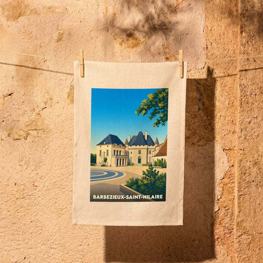 Torchon souvenir de la ville de Barbezieux-Saint-Hilaire avec une illustration stylisée de son château.