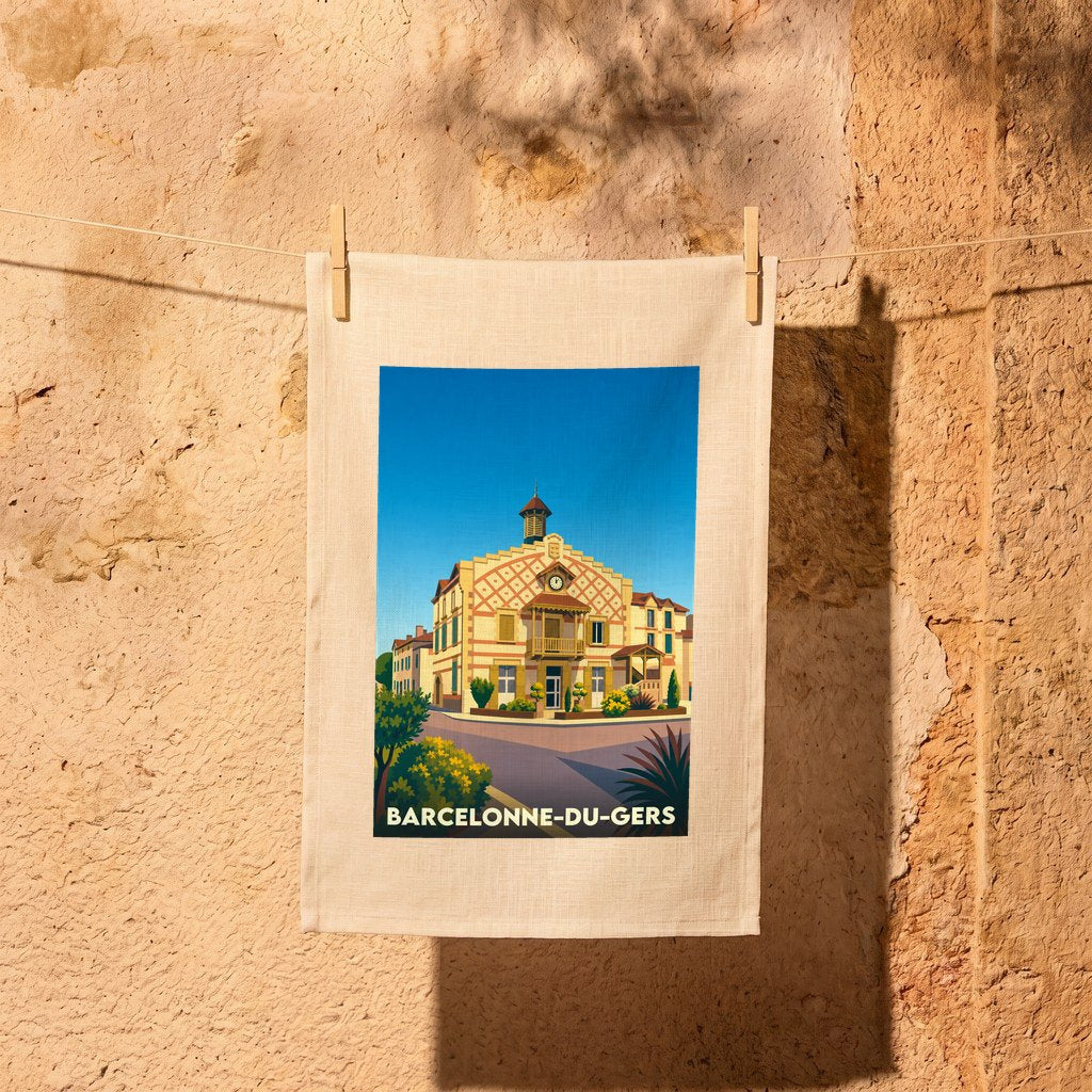 Torchon souvenir de la ville de Barcelonne-du-Gers avec une illustration stylisée de sa mairie.