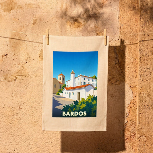Torchon souvenir de la ville de Bardos avec une illustration stylisée.