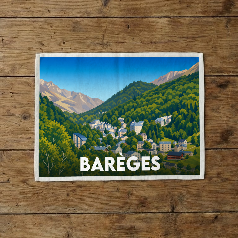 Torchon souvenir de la ville de Barèges avec une illustration stylisée de montagne.