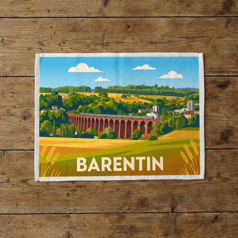 Torchon souvenir de la ville de Barentin avec une illustration stylisée de son célèbre viaduc.