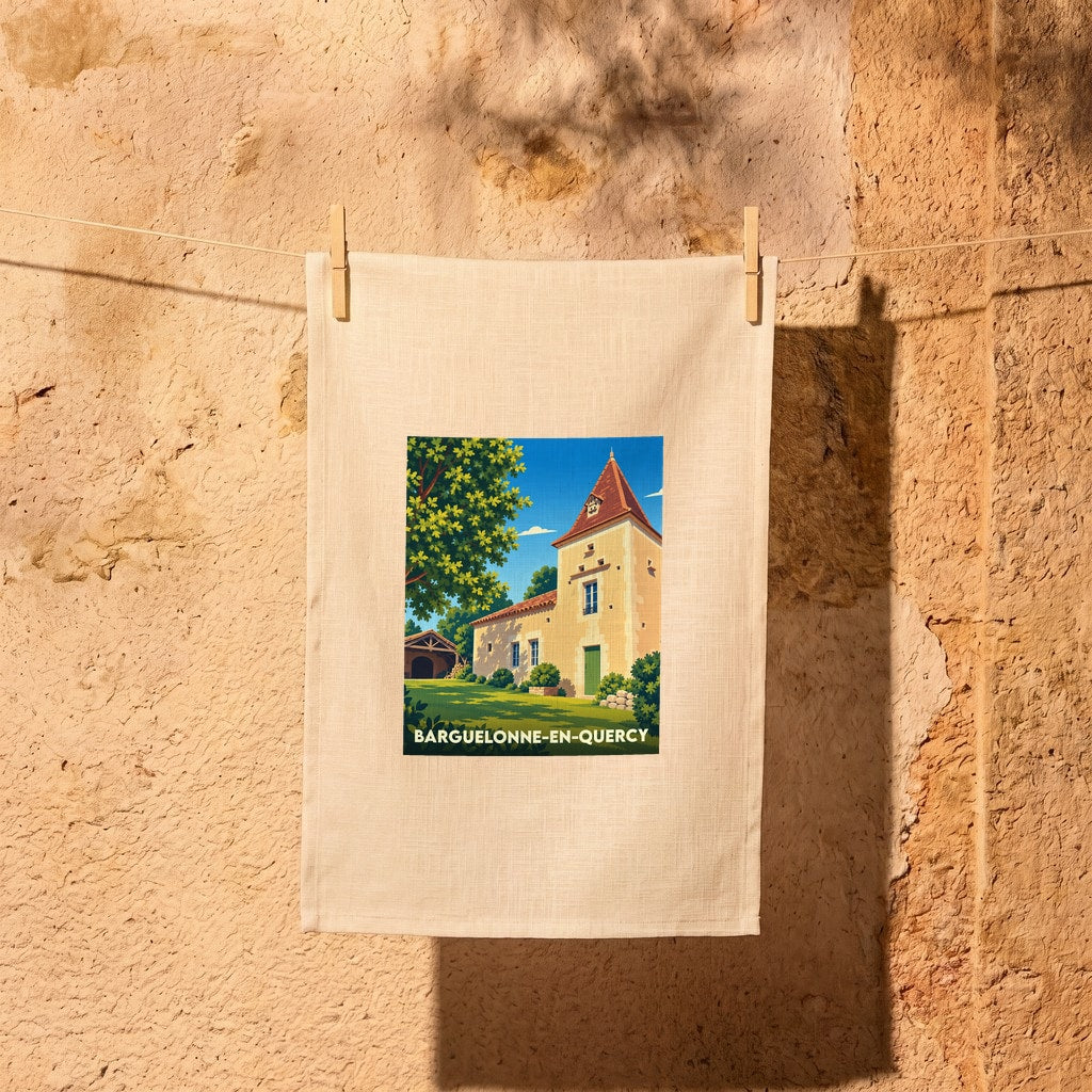 Torchon souvenir de la ville de Barguelonne-en-Quercy avec une illustration stylisée d'un manoir local.