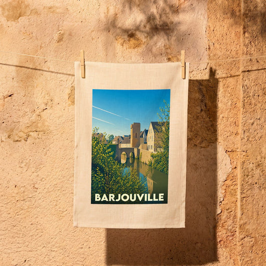 Torchon souvenir de la ville de Barjouville illustré par une vue stylisée du pont et de la rivière.