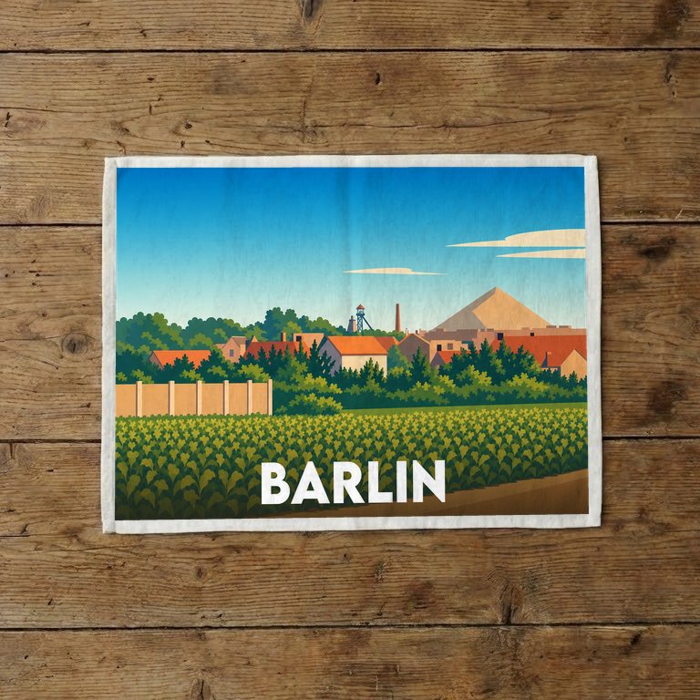 Torchon souvenir de la ville de Barlin avec une illustration stylisée.