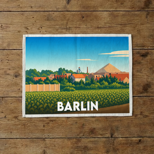 Torchon souvenir de la ville de Barlin avec une illustration stylisée.