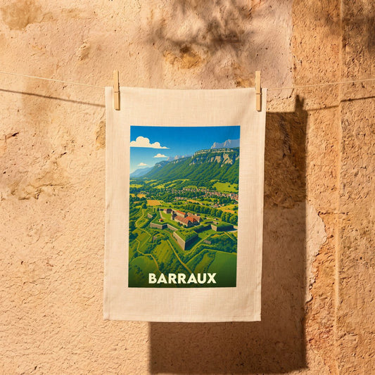 Torchon souvenir de la ville de Barraux avec une illustration stylisée d'un fort de montagne.