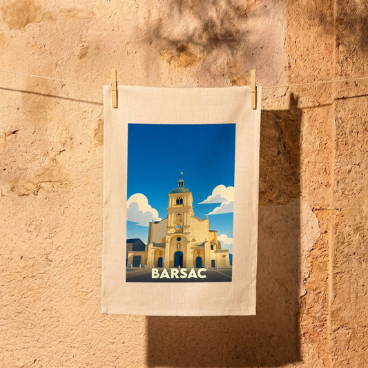 Torchon souvenir de la ville de Barsac avec une illustration stylisée de son église.