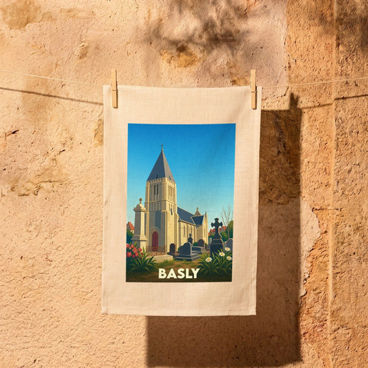 Torchon souvenir de la ville de Basly illustré par une scène de son église et de son cimetière.