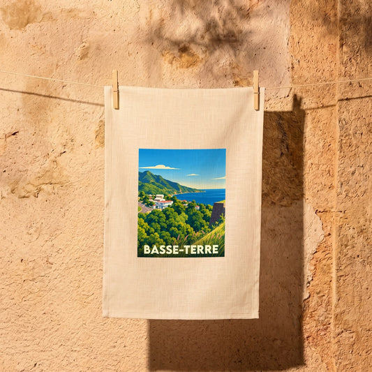 Torchon souvenir de la ville de Basse-Terre avec une illustration stylisée.