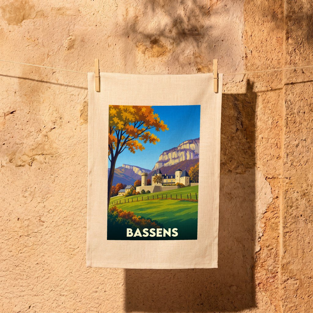 Torchon souvenir de la ville de Bassens avec une illustration stylisée de son paysage et de son château.