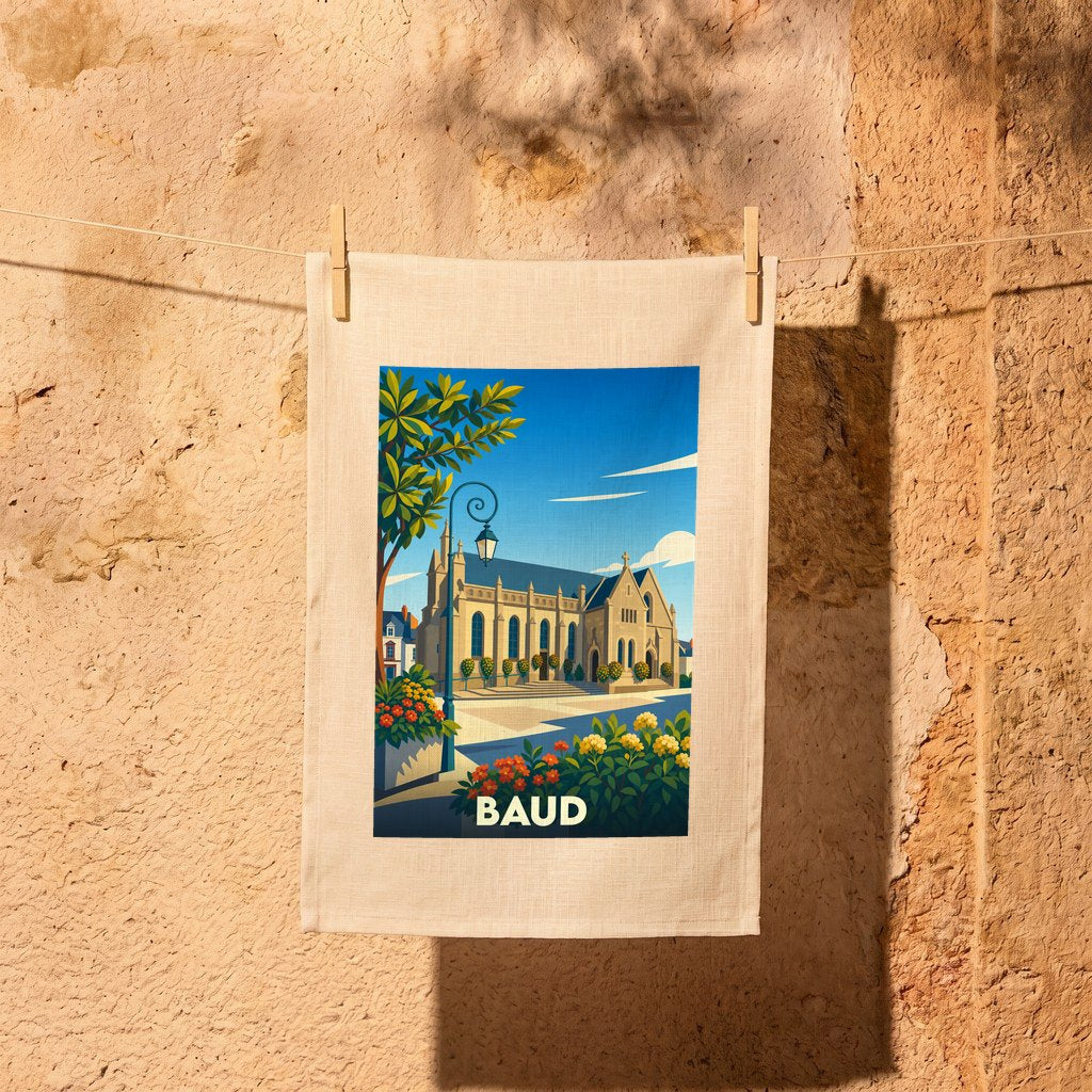 Torchon souvenir de la ville de Baud avec une illustration stylisée de son église et de ses jardins.