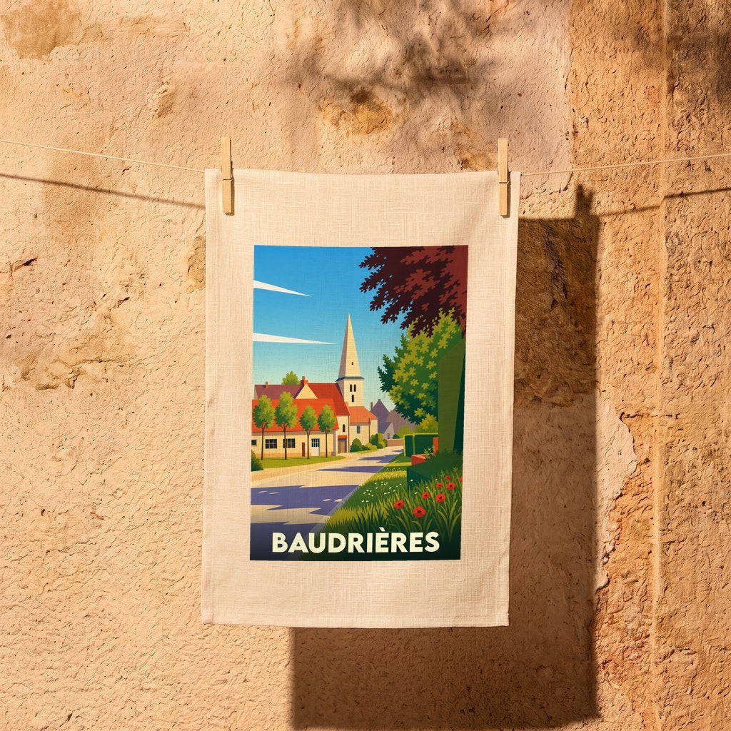 Torchon souvenir de la ville de Baudrières avec une illustration stylisée d'un paysage de village.