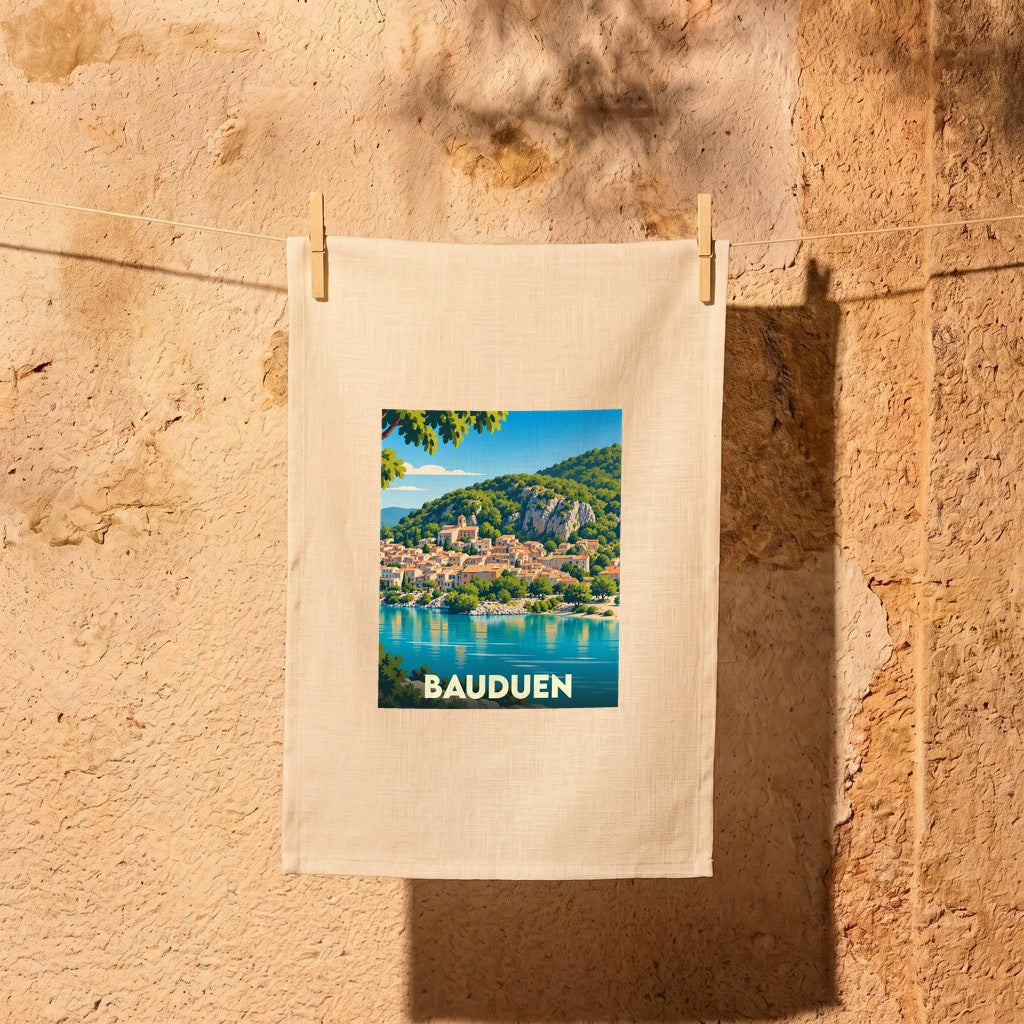 Torchon souvenir de la ville de Bauduen illustré d'une vue stylisée du village en bord de lac.