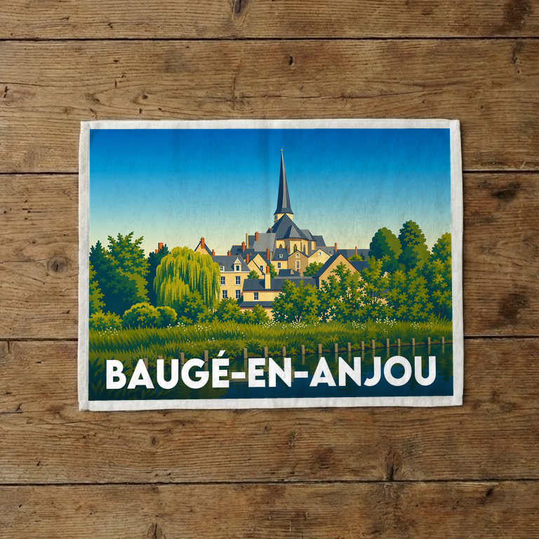 Torchon souvenir de la ville de Baugé-en-Anjou avec une illustration stylisée de son paysage urbain.