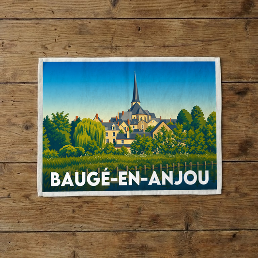 Torchon souvenir de la ville de Baugé-en-Anjou avec une illustration stylisée de son paysage urbain.