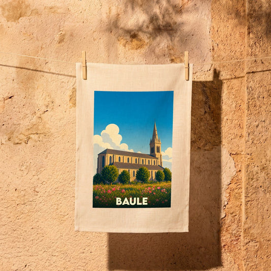 Torchon souvenir de la ville de Baule avec une illustration stylisée d'une église et d'un champ fleuri.