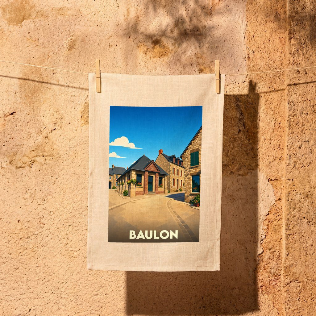 Torchon souvenir de la ville de Baulon avec une illustration stylisée d'une rue typique.