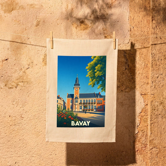 Torchon souvenir de la ville de Bavay avec une illustration stylisée de son hôtel de ville.
