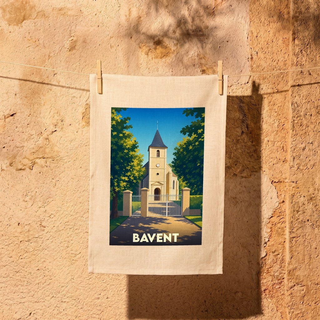Torchon souvenir de la ville de Bavent avec une illustration stylisée de son église.