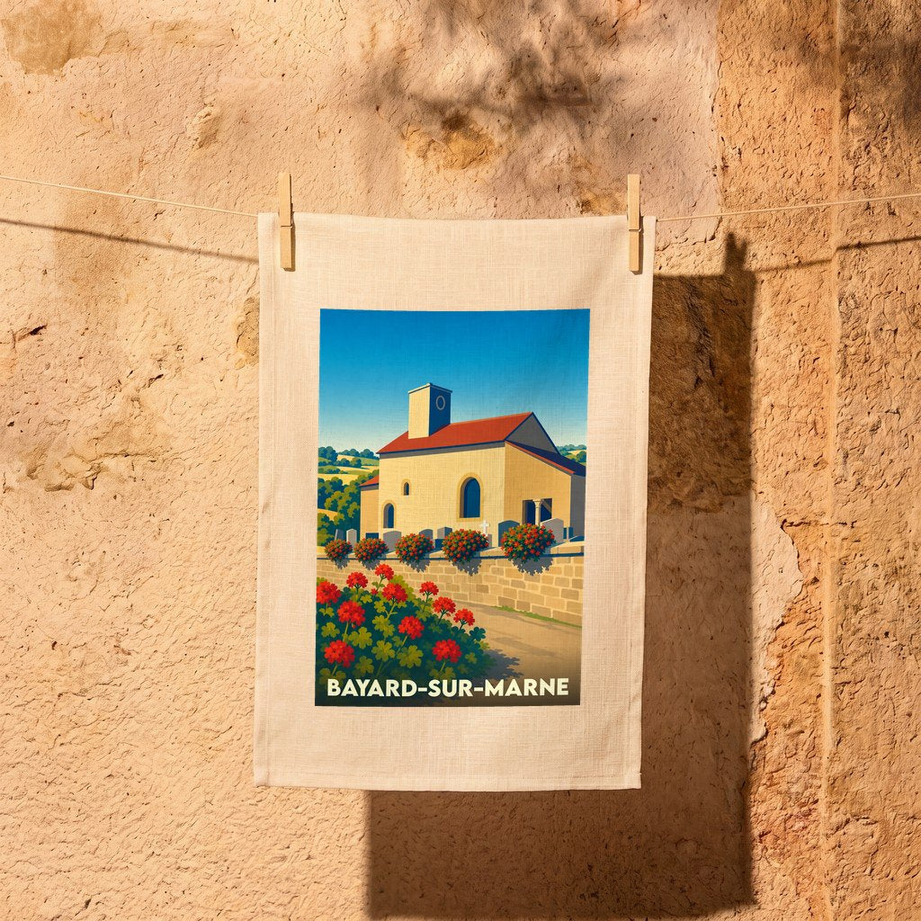 Torchon souvenir de la ville de Bayard-sur-Marne avec une illustration stylisée d'une église fleurie.
