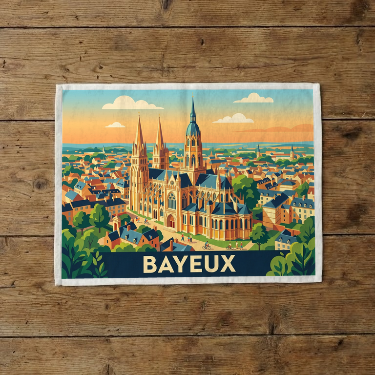 Torchon souvenir de la ville de Bayeux avec une illustration stylisée de son paysage urbain et de sa cathédrale.