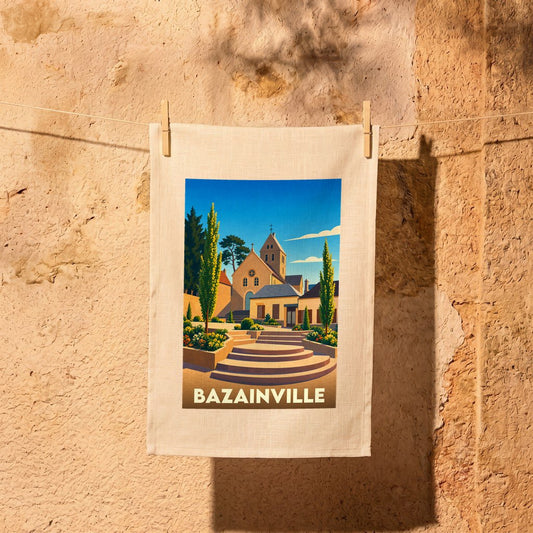 Torchon souvenir de la ville de Bazainville illustré par une vue stylisée de son église et de sa place fleurie.