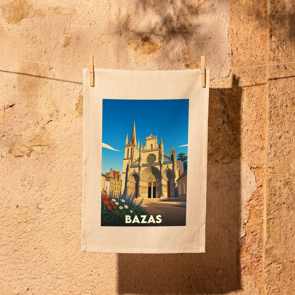 Torchon souvenir de la ville de Bazas avec une illustration stylisée de sa cathédrale.