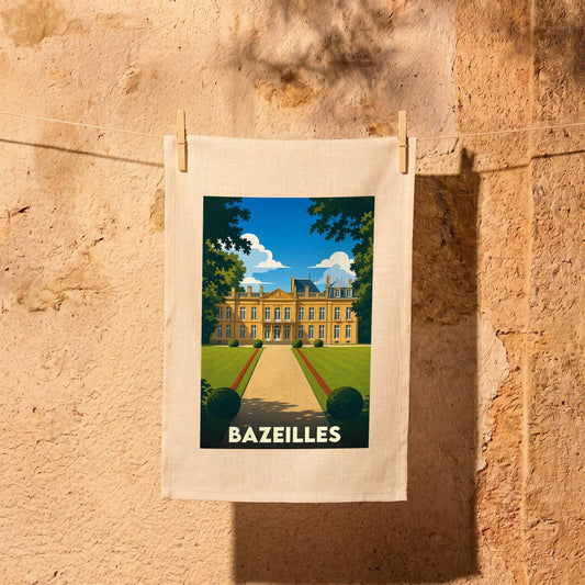 Torchon souvenir de la ville de Bazeilles avec une illustration stylisée de son château.