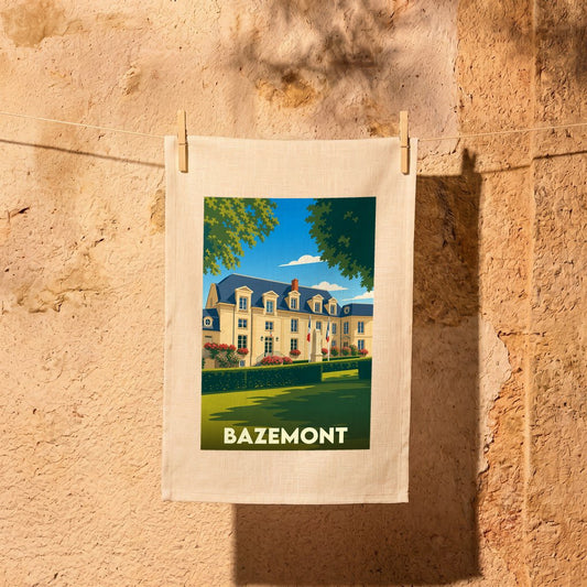 Torchon souvenir de la ville de Bazemont avec une illustration stylisée.