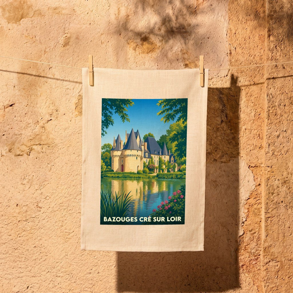 Torchon souvenir de la ville de Bazouges Cré sur Loir illustré d'un château se reflétant dans l'eau.