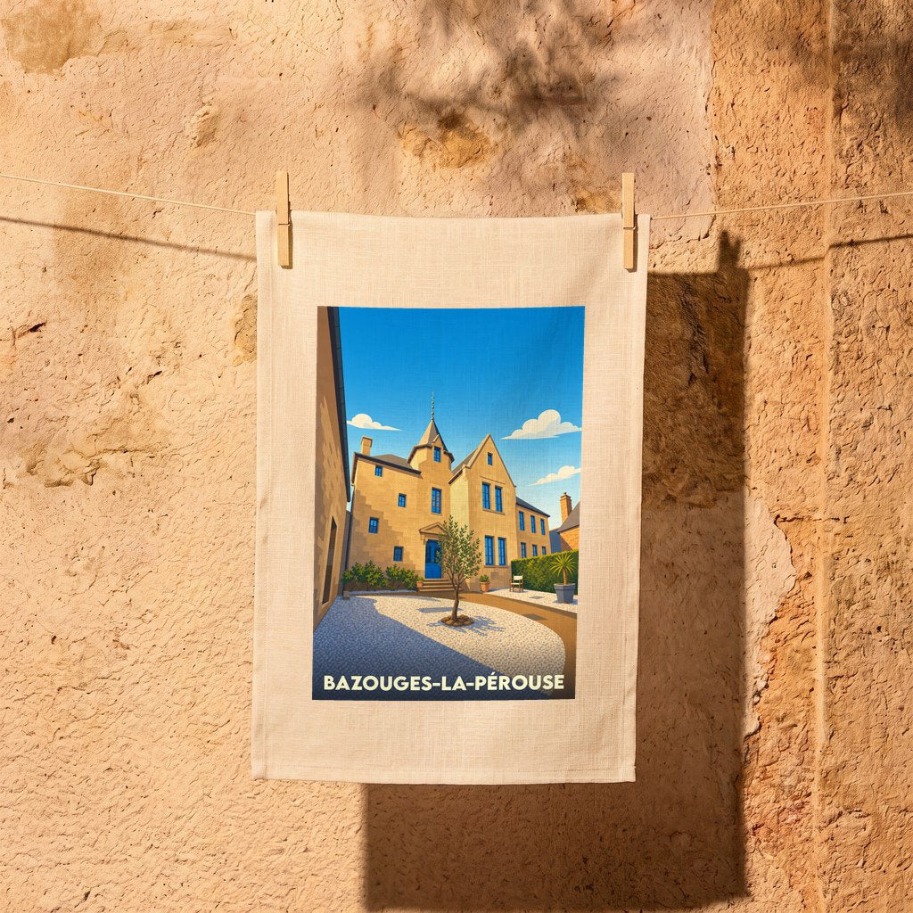 Torchon souvenir de la ville de Bazouges-la-Pérouse avec une illustration stylisée.