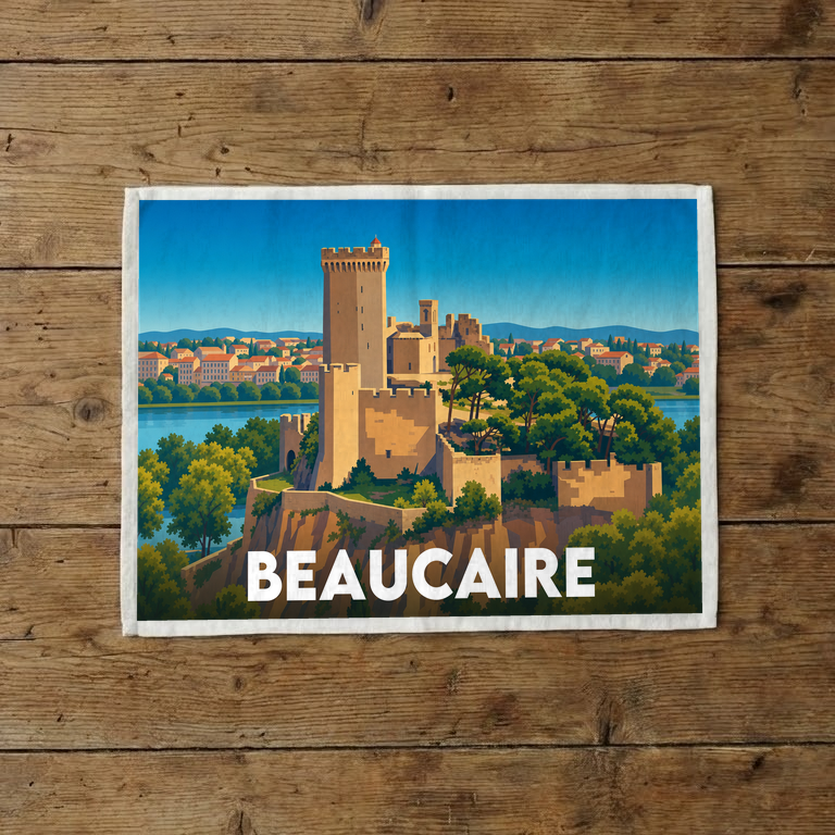 Torchon souvenir de la ville de Beaucaire avec une illustration stylisée de son château.