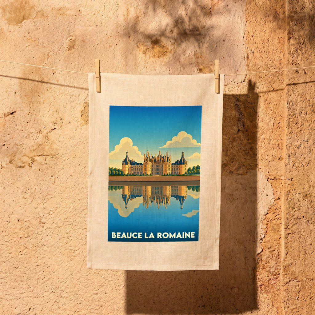 Torchon souvenir de Beauce la Romaine avec une illustration stylisée du château de Chambord se reflétant dans l'eau.