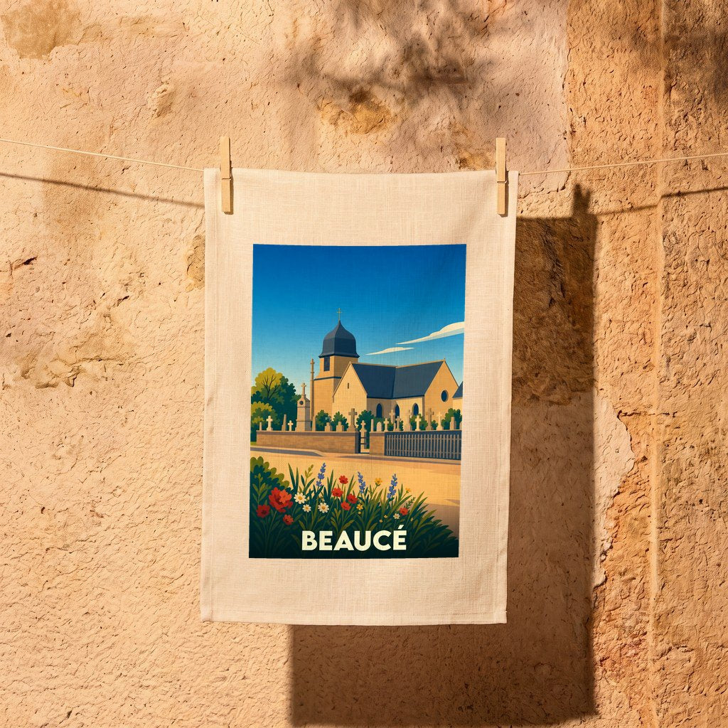 Torchon souvenir de la ville de Beaucé illustrant son église dans un style graphique épuré.