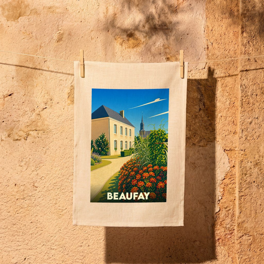 Torchon souvenir de la ville de Beaufay avec une illustration stylisée d'un manoir fleuri.