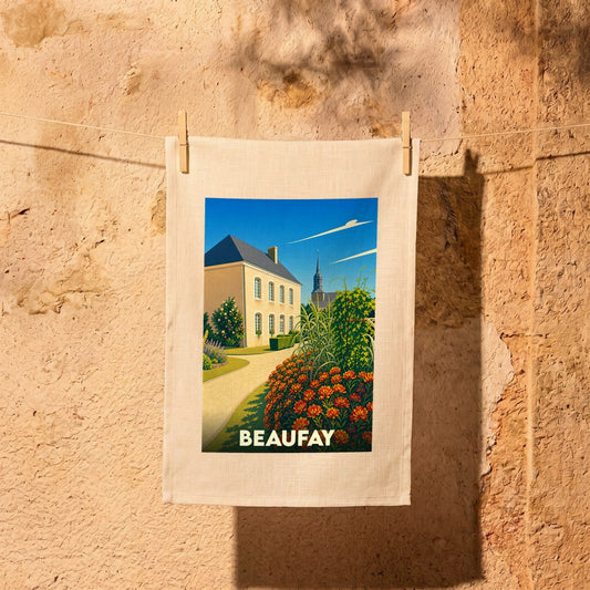 Torchon souvenir de la ville de Beaufay avec une illustration stylisée d'un manoir fleuri.